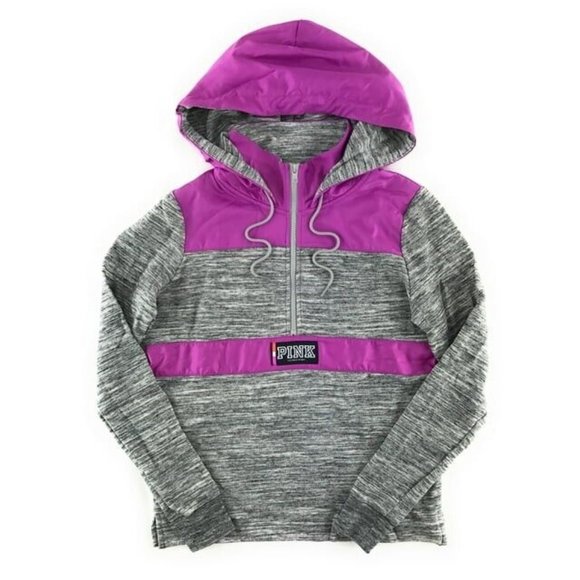 Womens Victoria Secret PINK Quarter Zip Hoodie X-Small XS Heather Gray Magenta - Picture 1 of 10